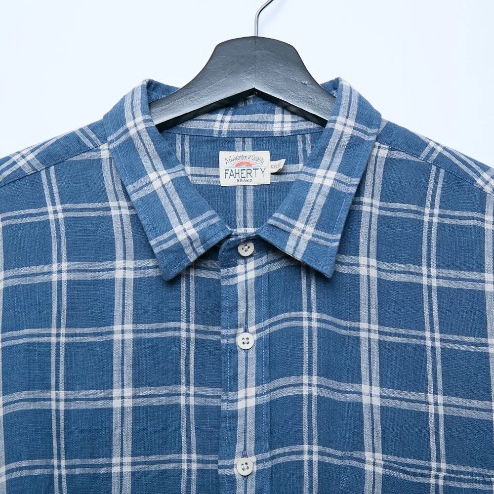 Faherty Laguna 100% Linen Nightfall Plaid Button Down Blue Shirt XXL